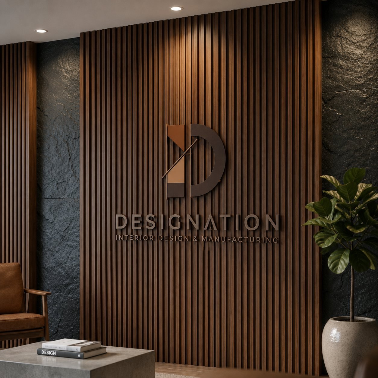 Designation branded wood-slat reception wall — concept visual