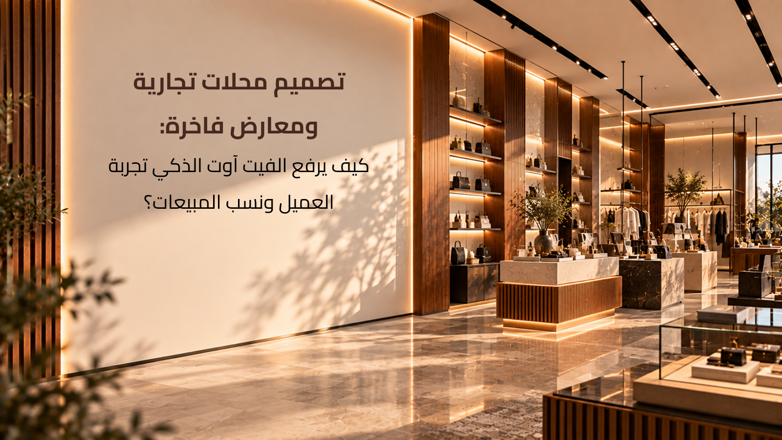 تصميم محلات تجارية ومعارض فاخرة مع منصات عرض وأرفف خشبية مخصصة