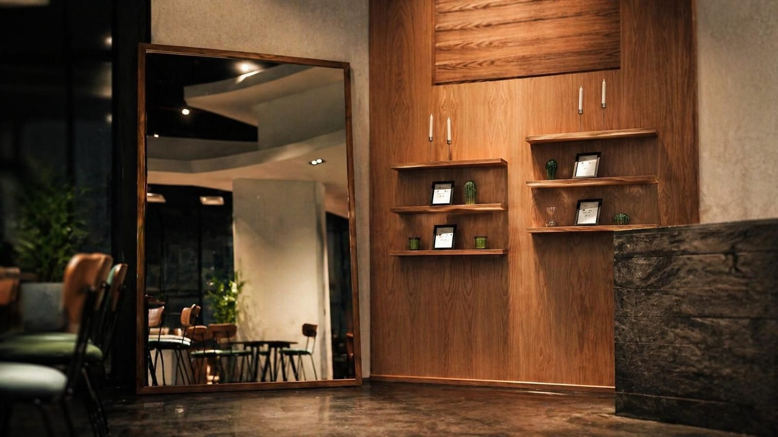 Walnut-clad reception wall with floating shelves and a full-height mirror, built by Designation