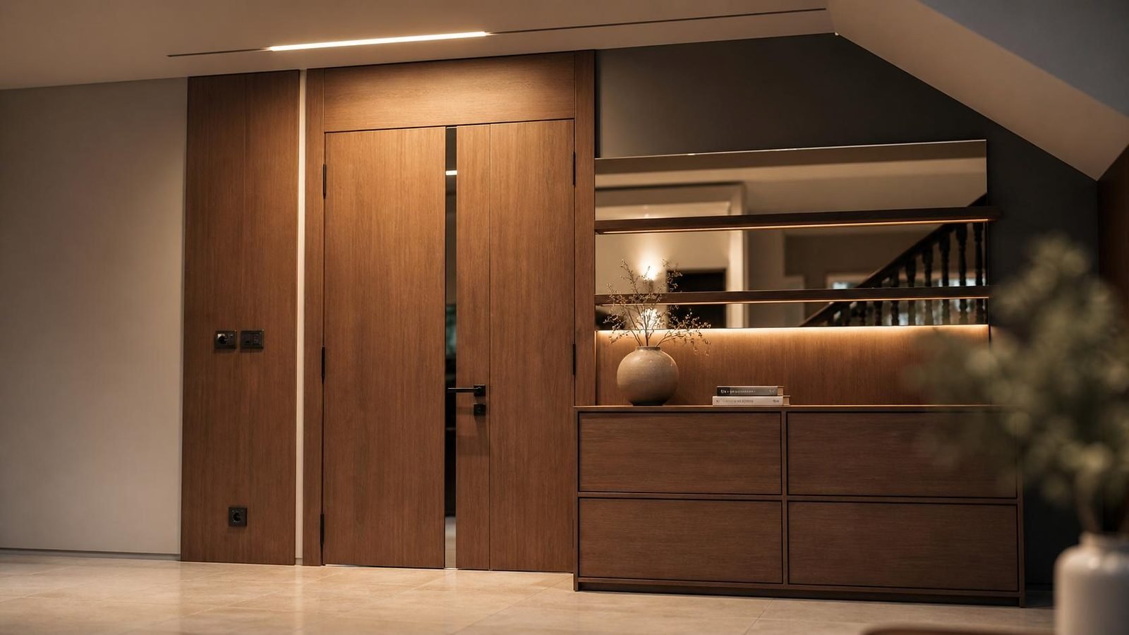 Solid walnut entrance door and backlit console with a full-width mirror, made and installed by Designation in Al Khobar