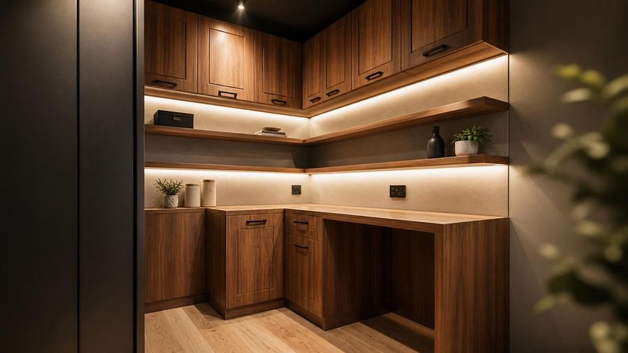 Backlit walnut cabinetry in a kitchen fitted by Designation