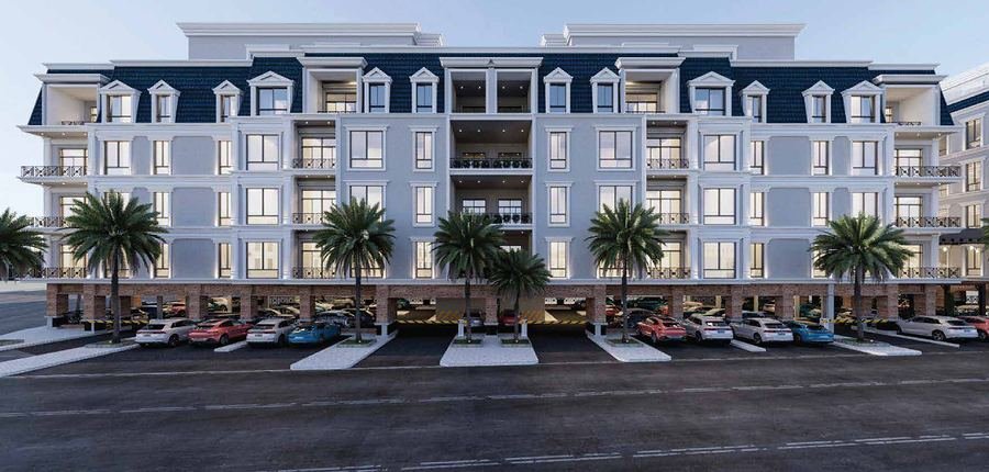 3D visual of a residential building with ground-floor retail in Al Khobar