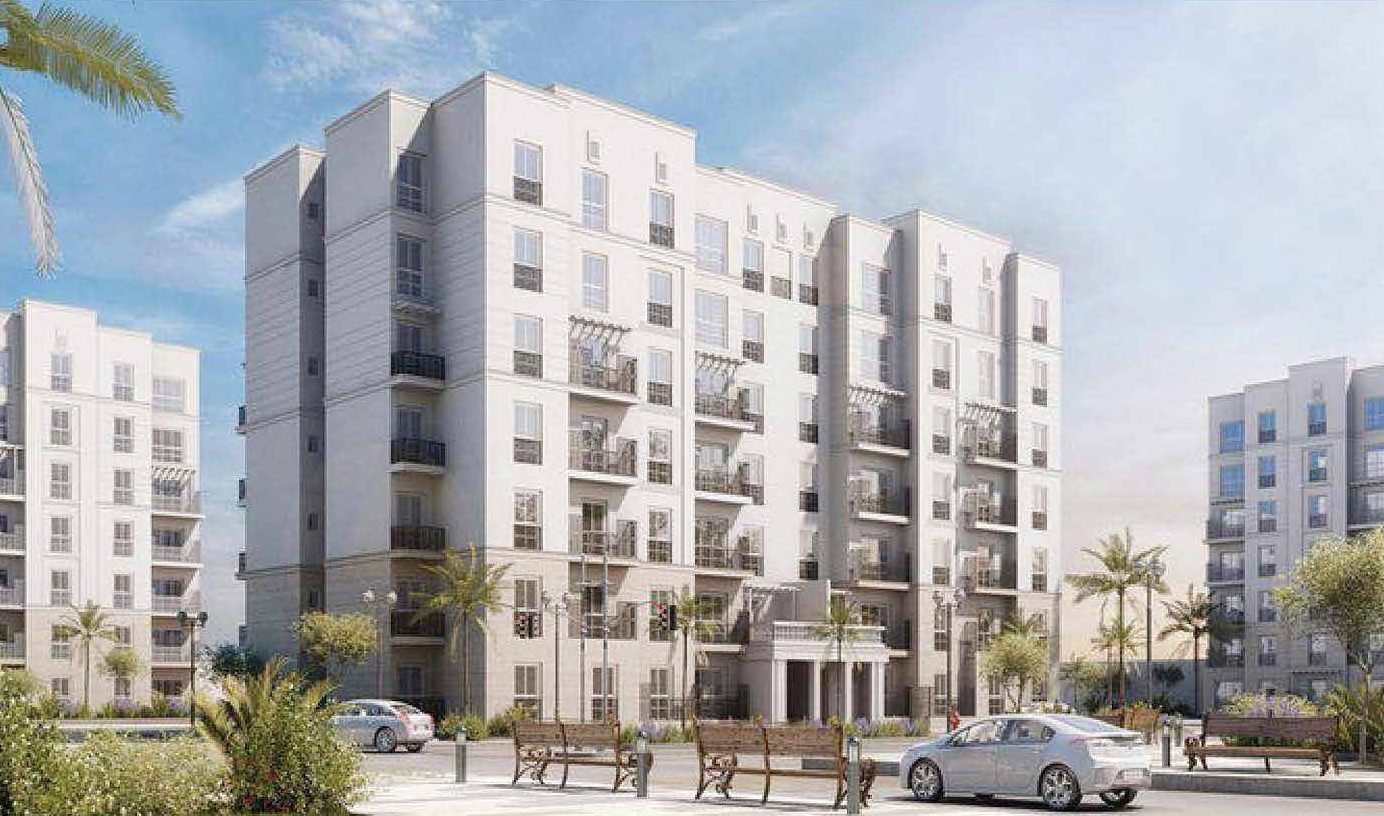 3D visual of a mid-rise residential complex with a landscaped street frontage in Dammam